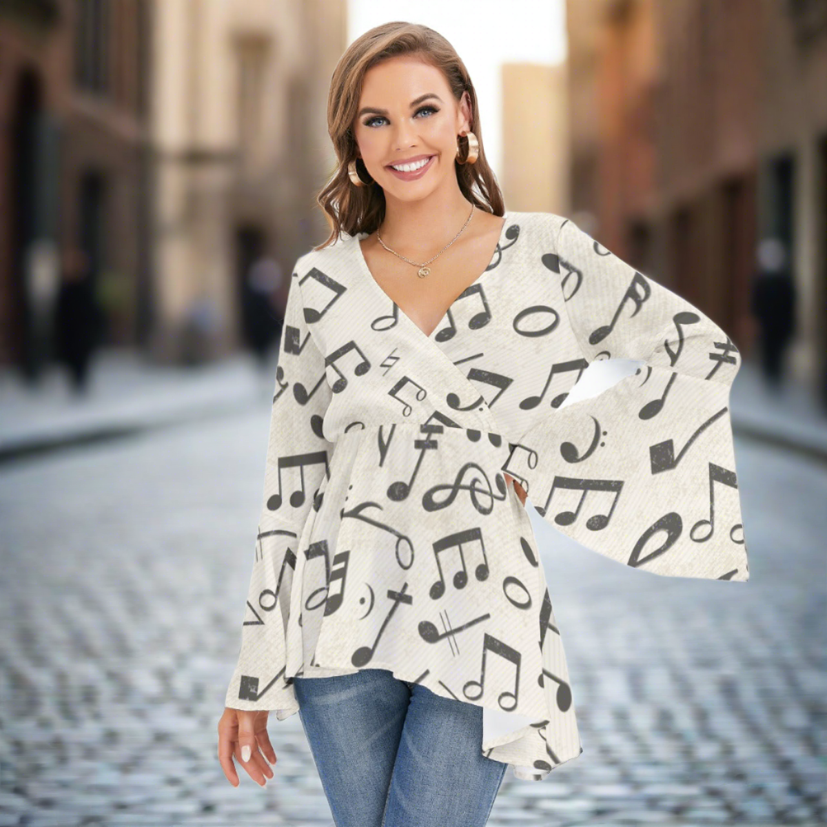 Vintage Music Print V-neck Flared Sleeve Blouse