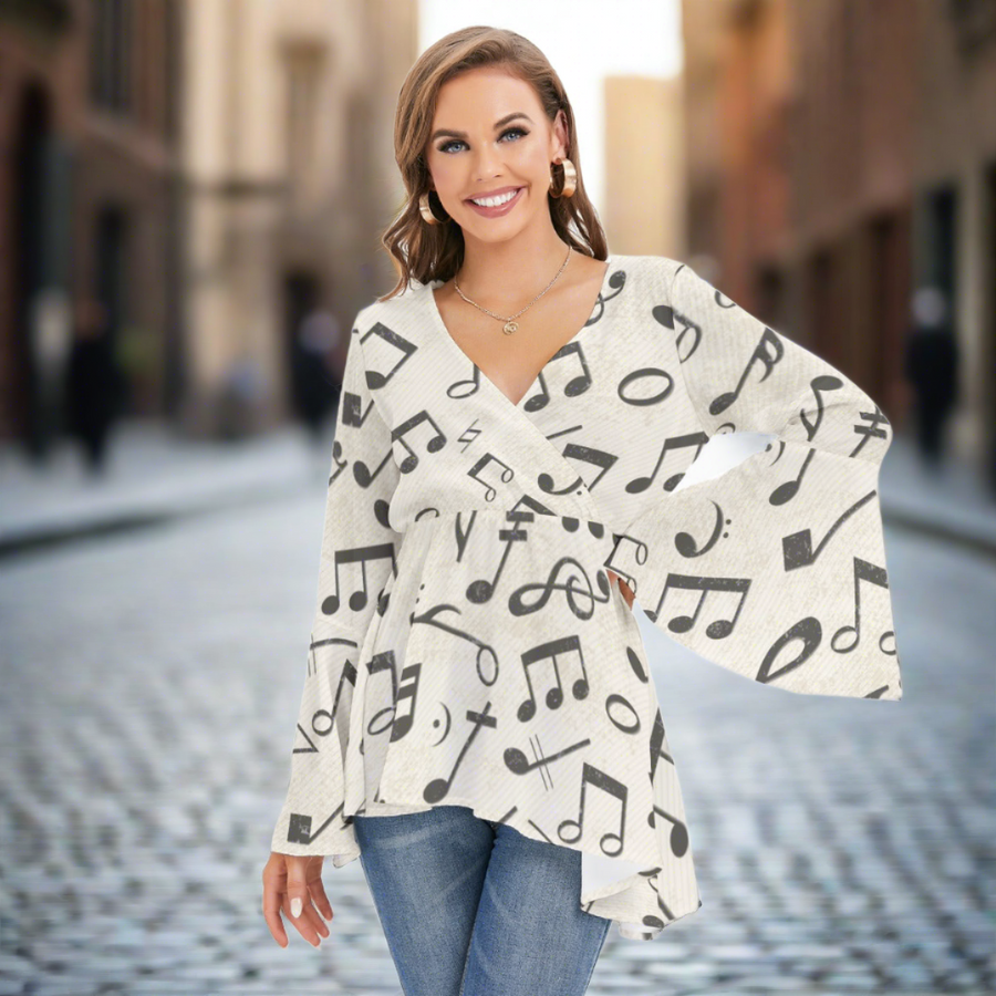 Vintage Music Print V-neck Flared Sleeve Blouse