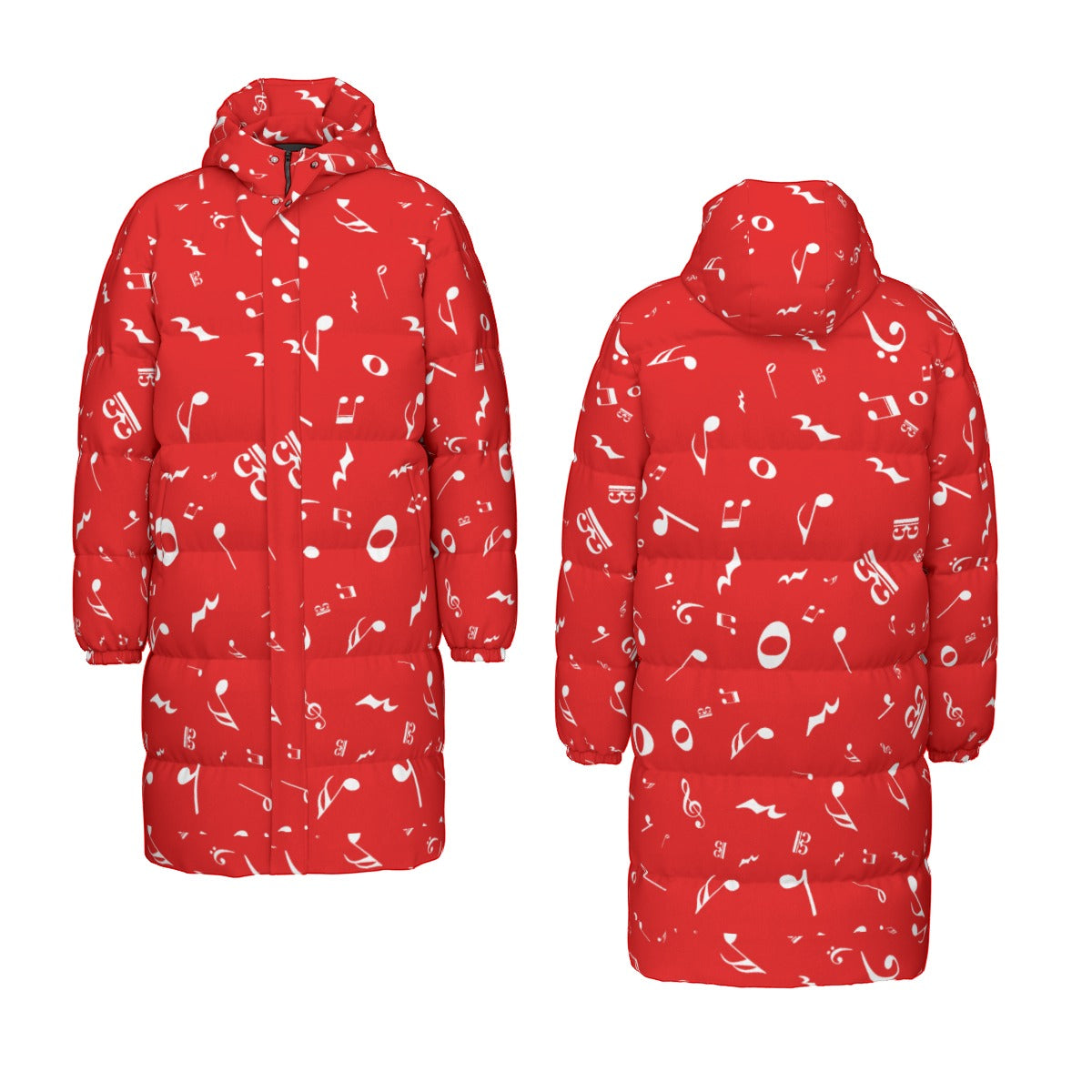 Red Music Notes Print Unisex Long Down Jacket