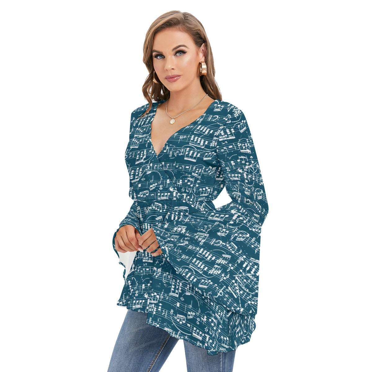 Blue Music Print V-neck Flared Sleeve Blouse