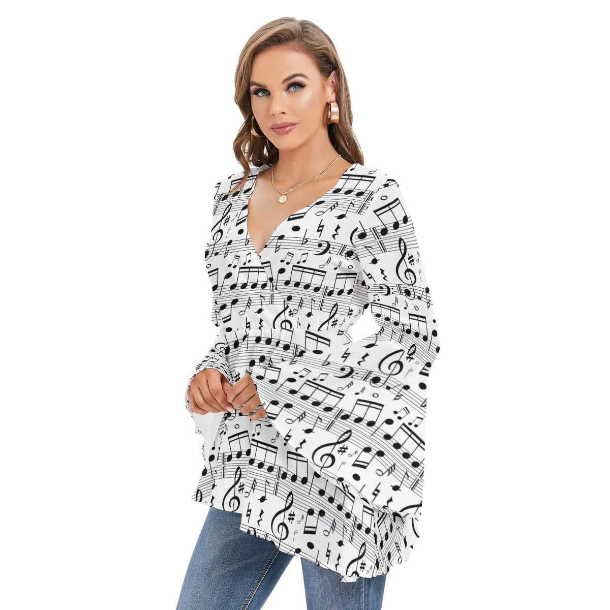 Music Scores V-neck Flared Sleeve Blouse