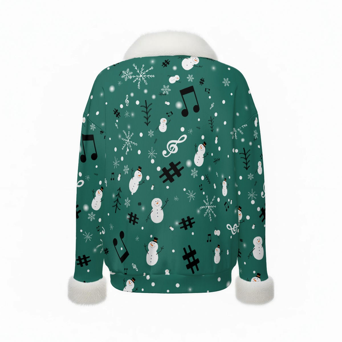 Music Snowman Green Faux Fur V-Neck Sweater