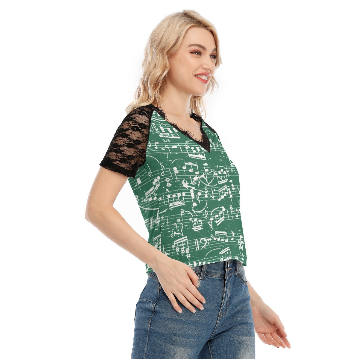 Music Green V-neck Lace T-shirt