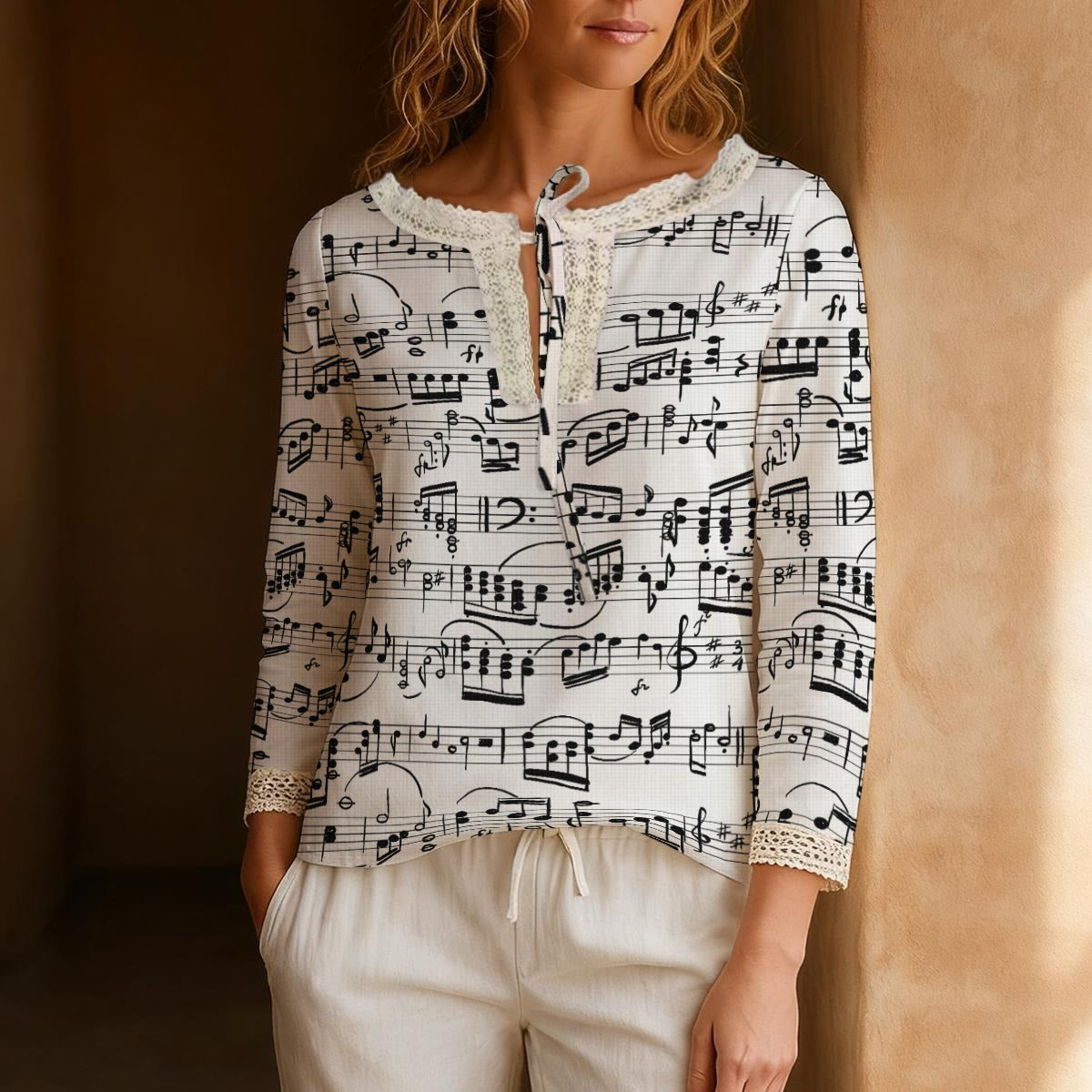 Music Scores Long-Sleeve Boho Tie Neck Top