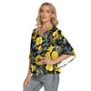 Music Garden Bat Sleeve V-neck Button Up Top