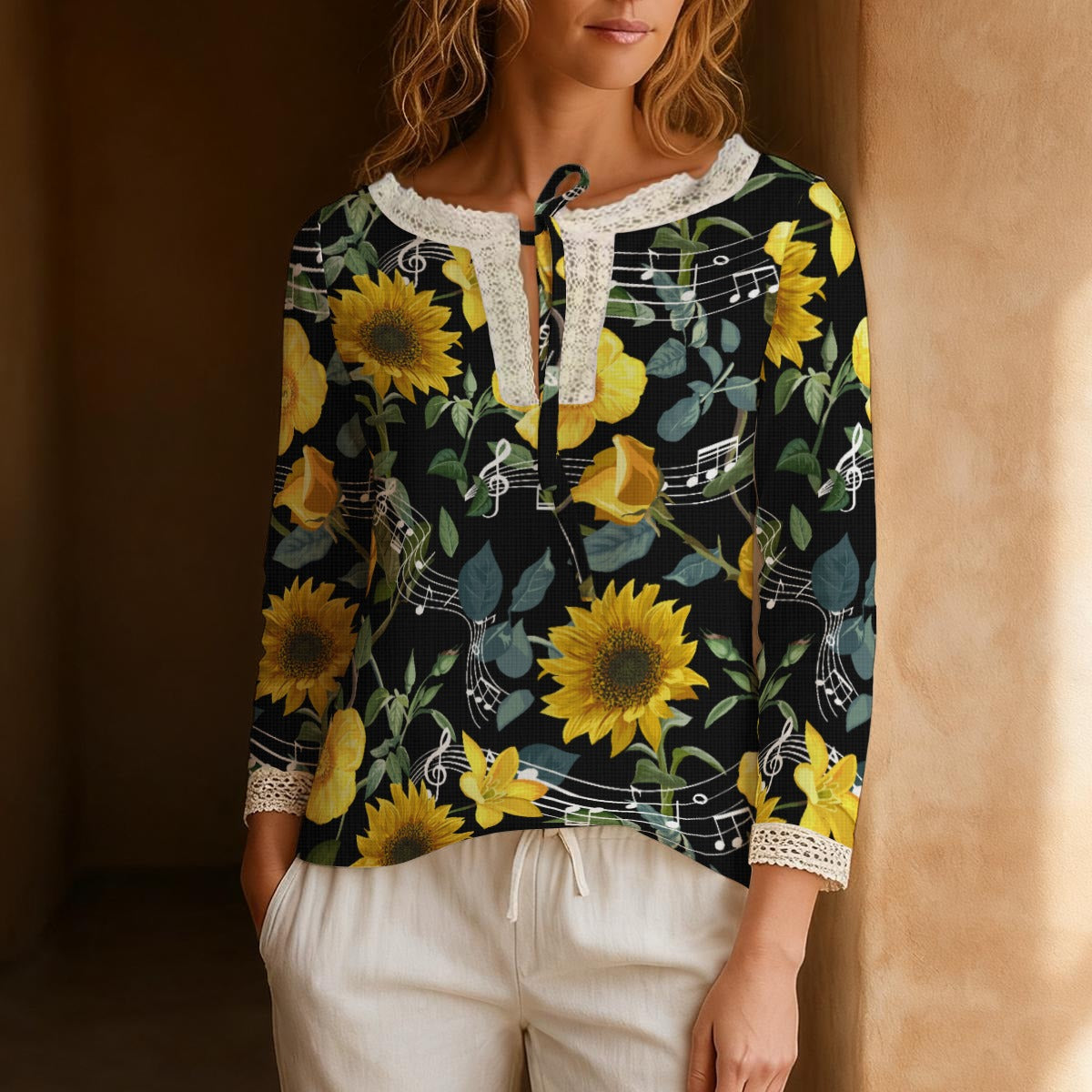 Music Sunflower Long-Sleeve Boho Tie Neck Top