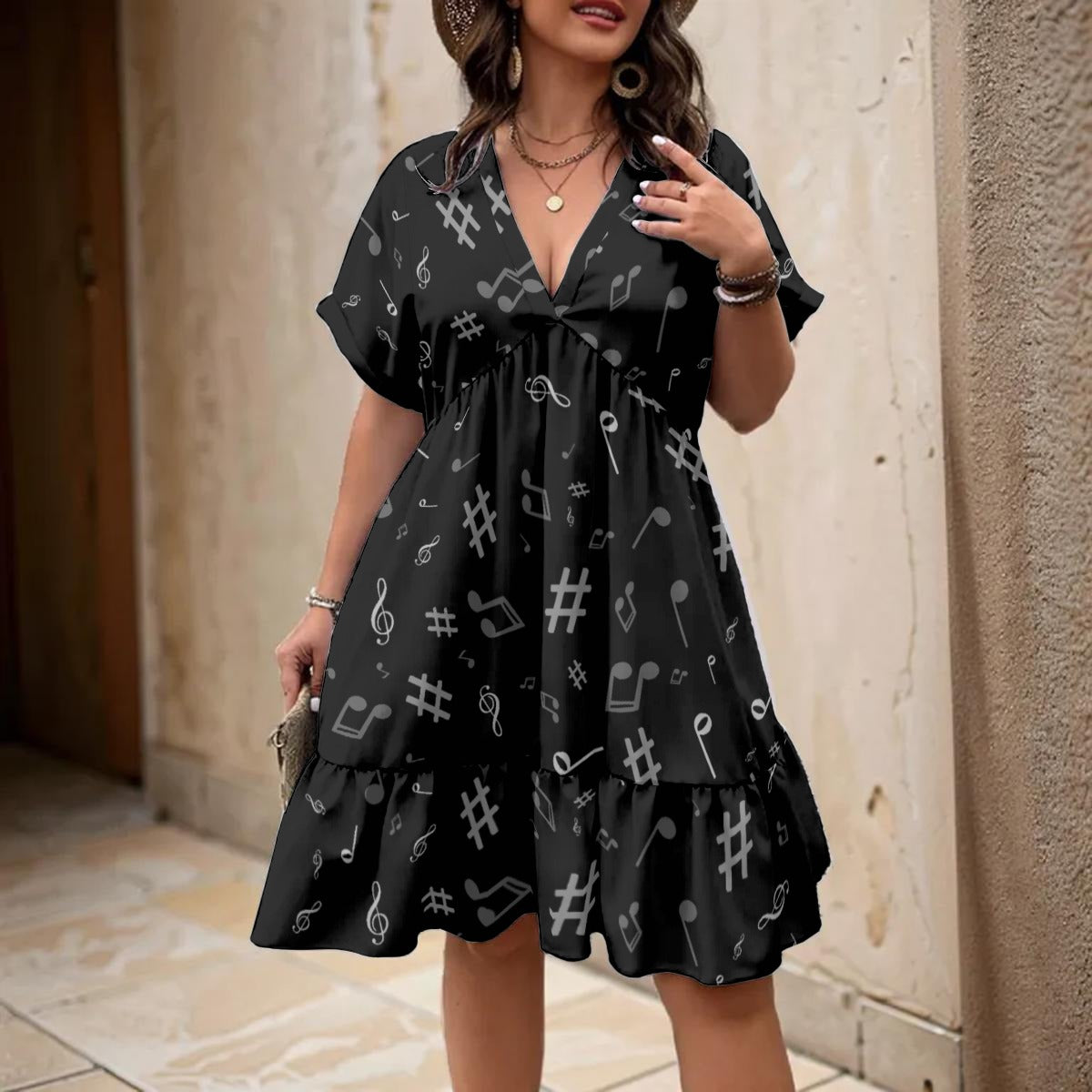 Music Pattern V-Neck Short Sleeve Dress
