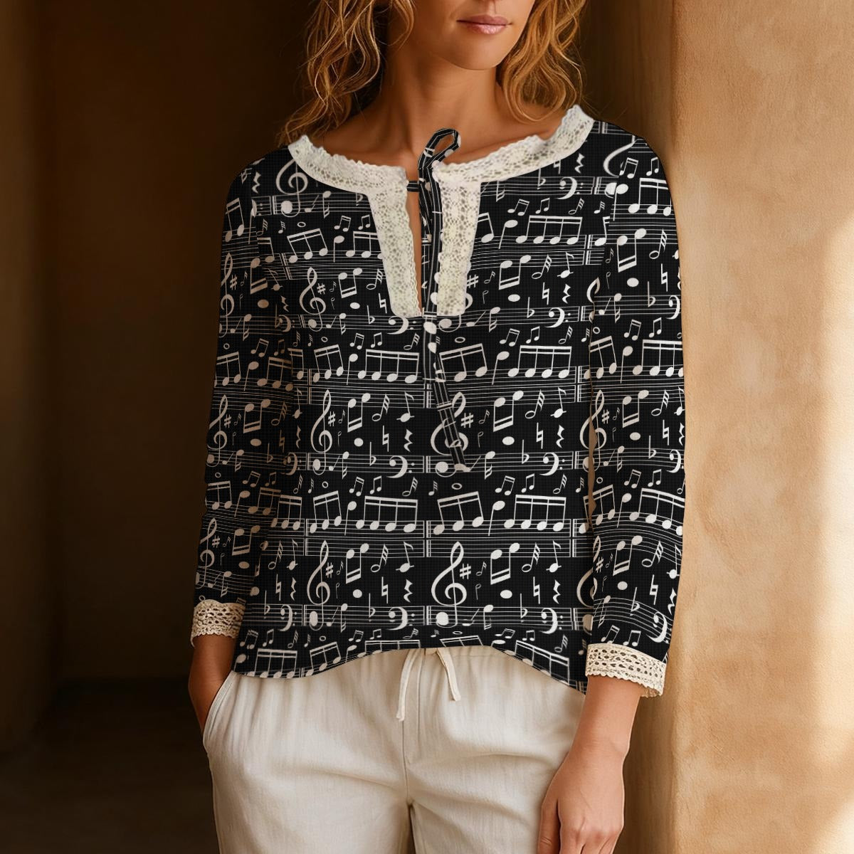 Music Black Long-Sleeve Boho Tie Neck Top