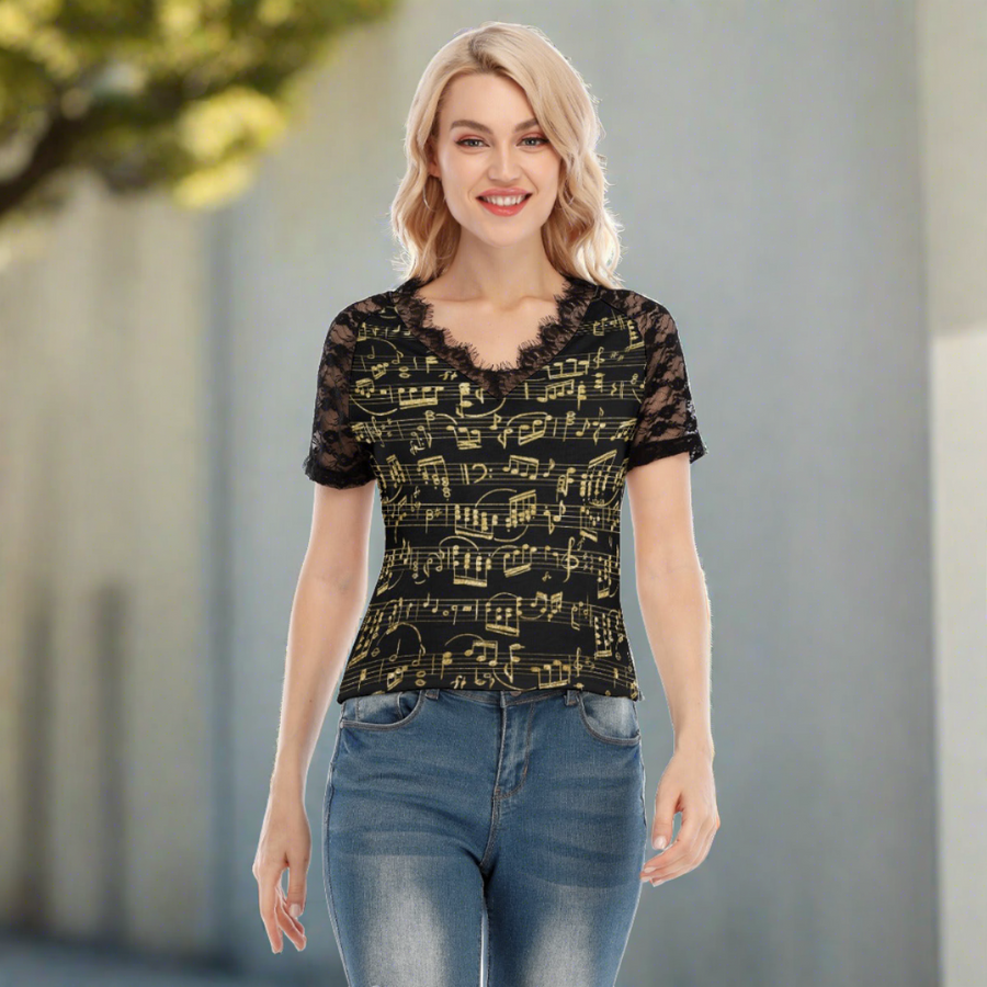 Music Black V-neck Lace T-shirt