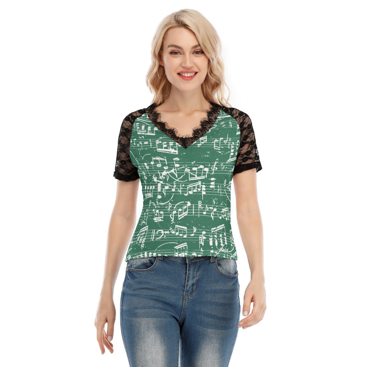 Music Green V-neck Lace T-shirt