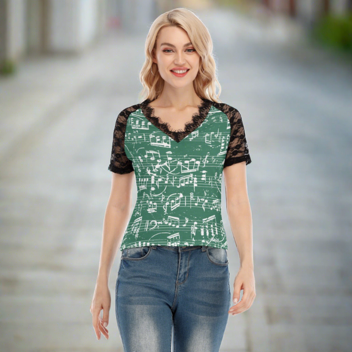 Music Green V-neck Lace T-shirt