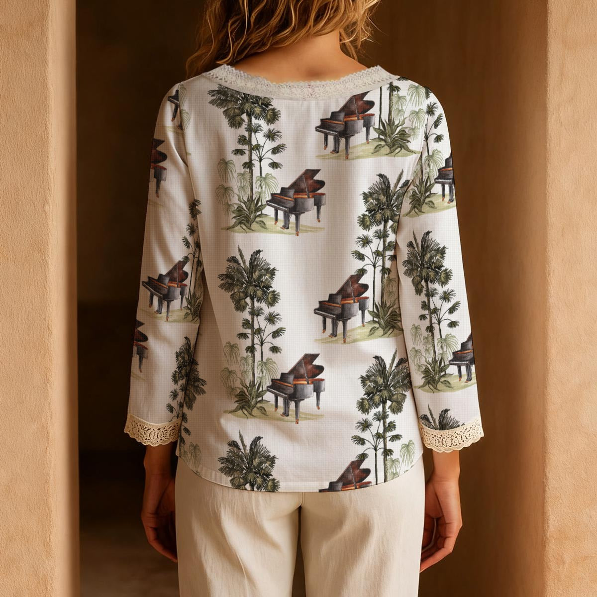 Grand Piano & Forest Long-Sleeve Boho Tie Neck Top