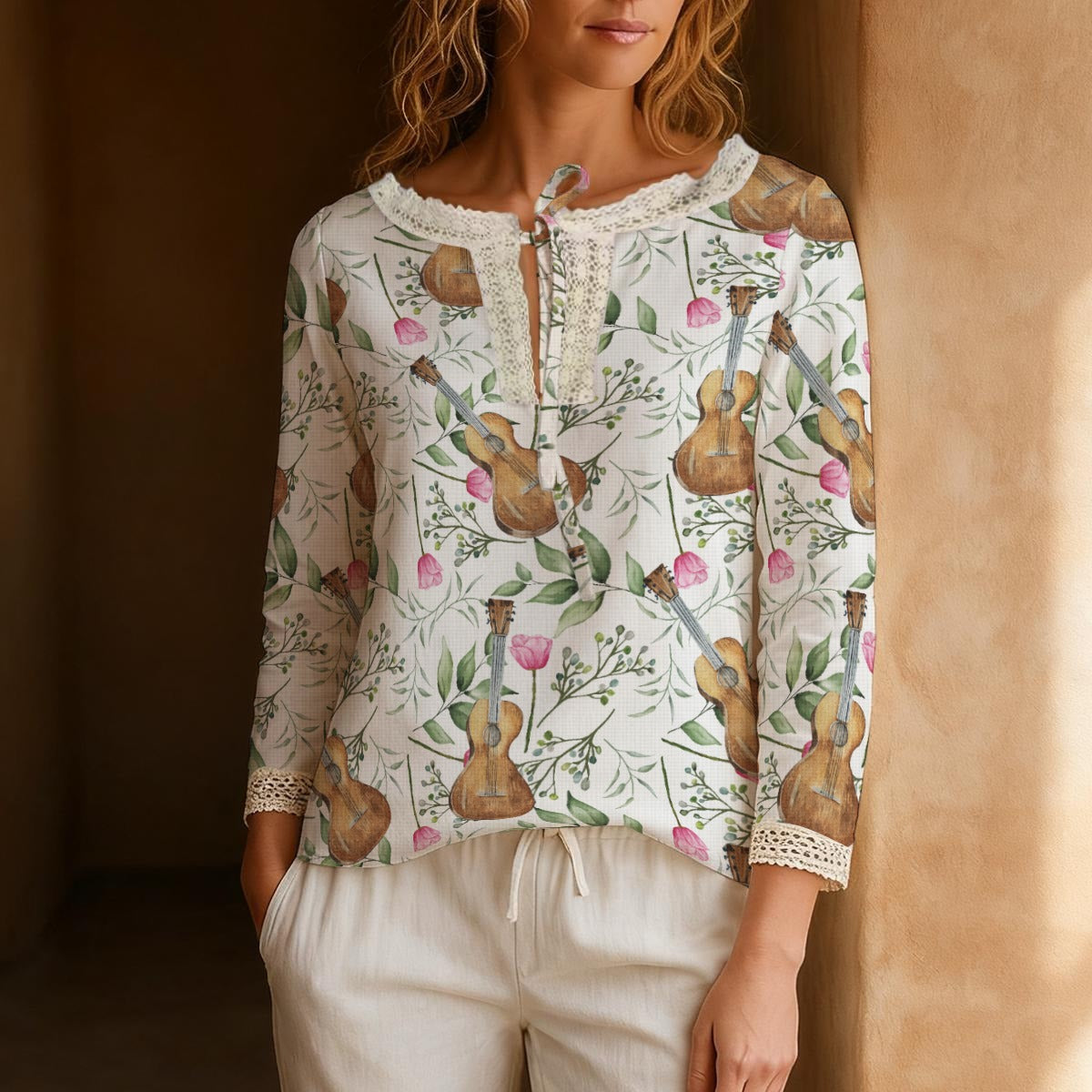 Guitar Long-Sleeve Boho Tie Neck Top