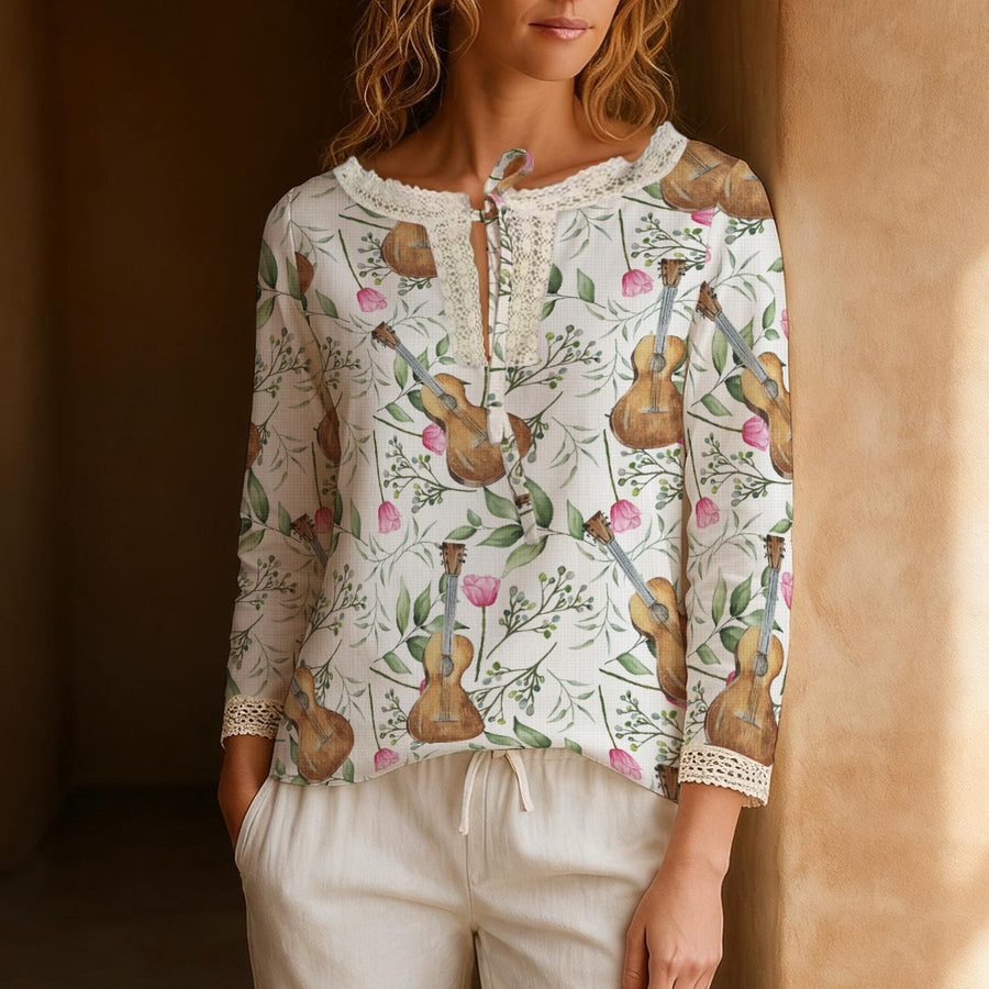 Guitar Long-Sleeve Boho Tie Neck Top