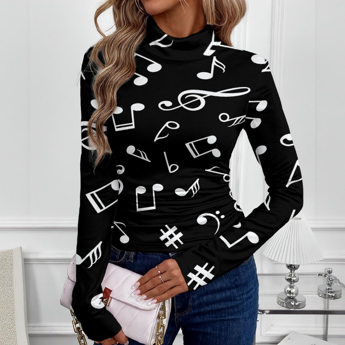 Music Print Black Turtleneck Long Sleeve Top