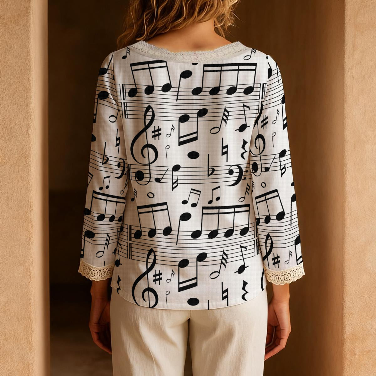 Music White Long-Sleeve Boho Tie Neck Top