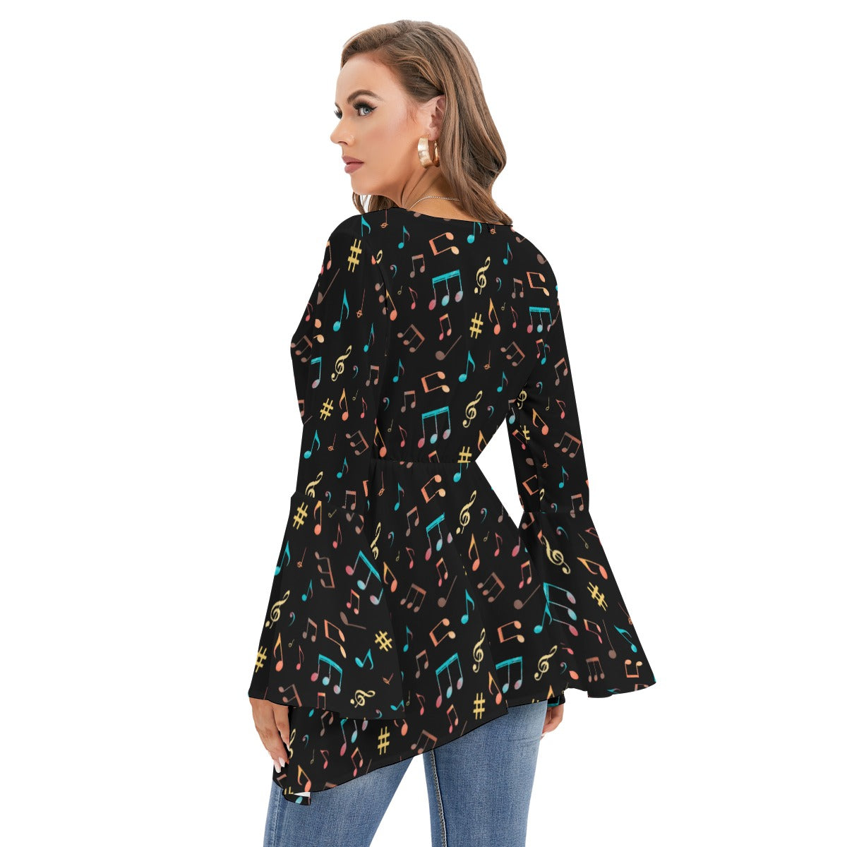 Classic Music Print V-neck Flared Sleeve Blouse