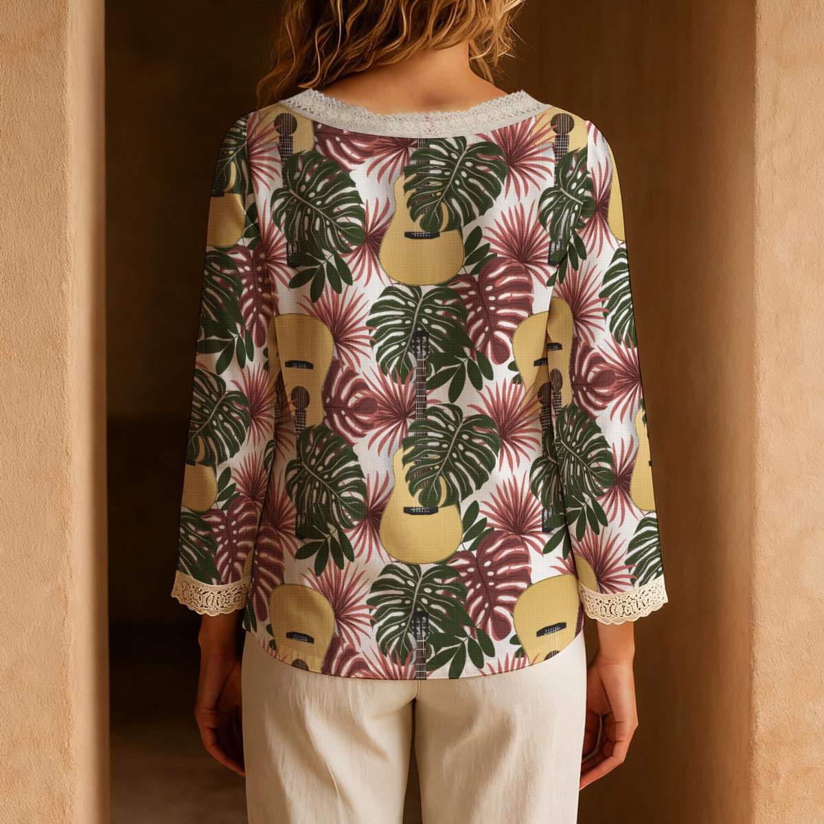 Guitar Vibes Long-Sleeve Boho Tie Neck Top