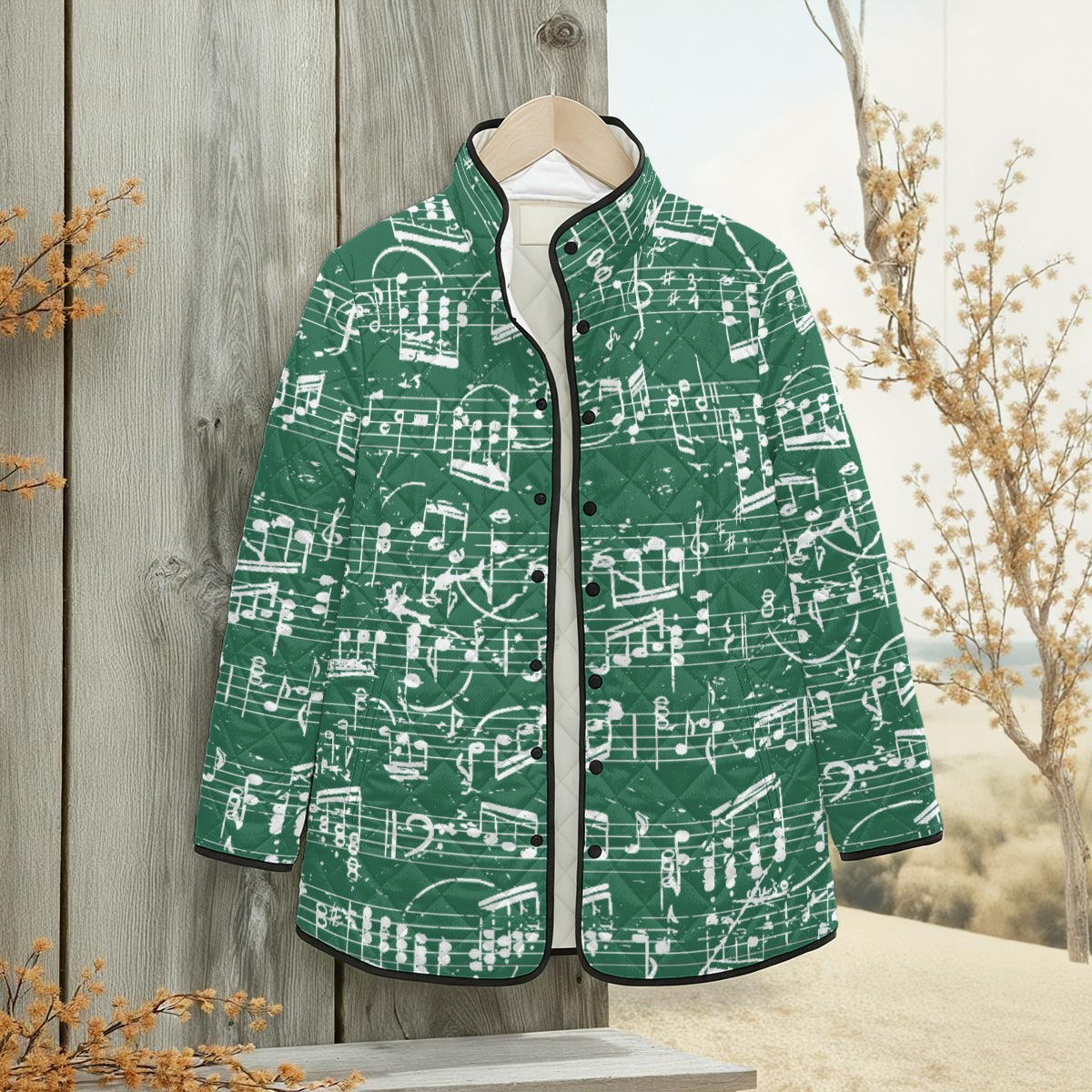 Music Pattern Green Unisex Quilted Jacket