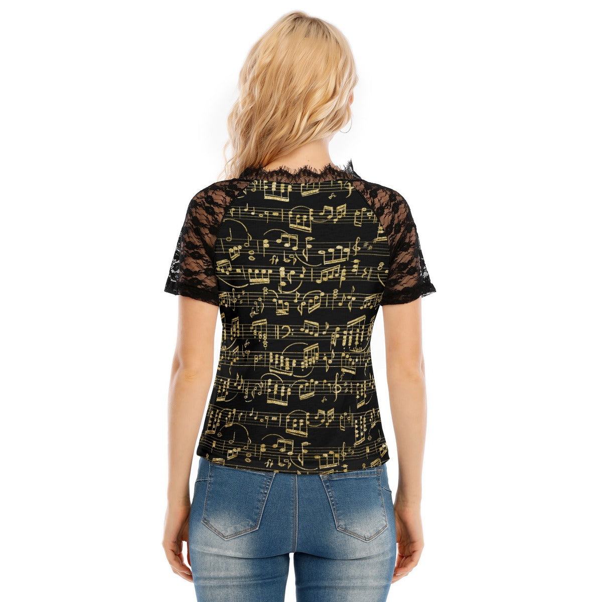 Music Black V-neck Lace T-shirt