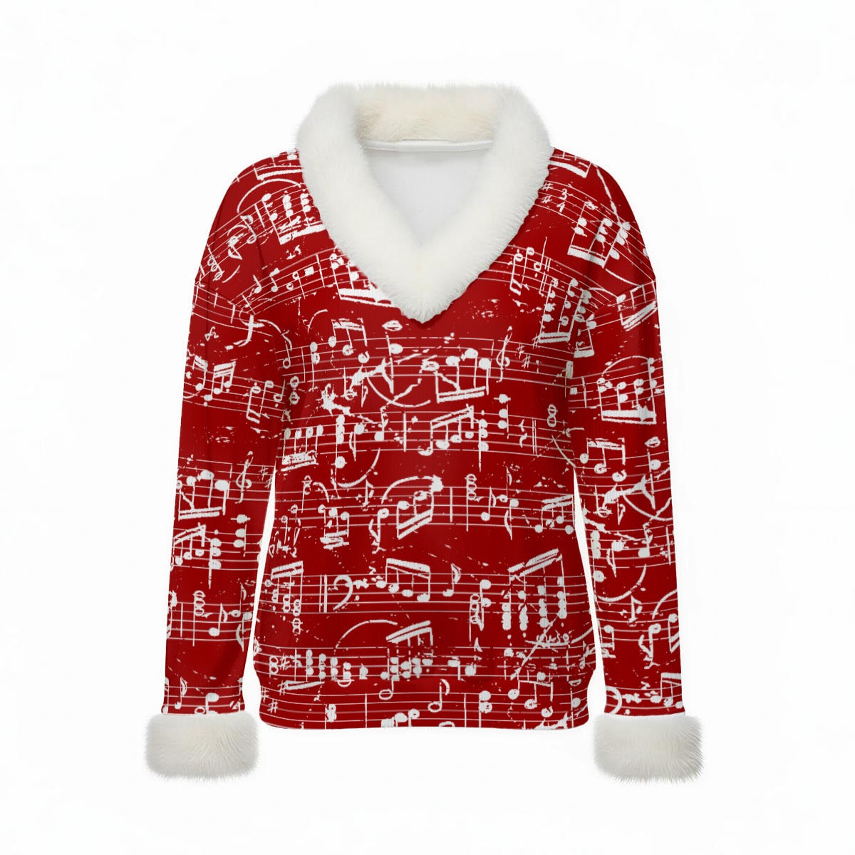Music Scores Red Faux Fur V-Neck Sweater