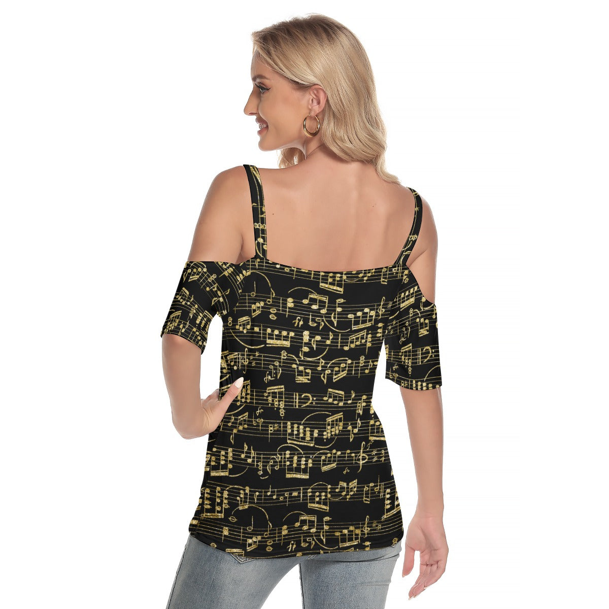 Music Black Cold Shoulder Front Criss Cross Top