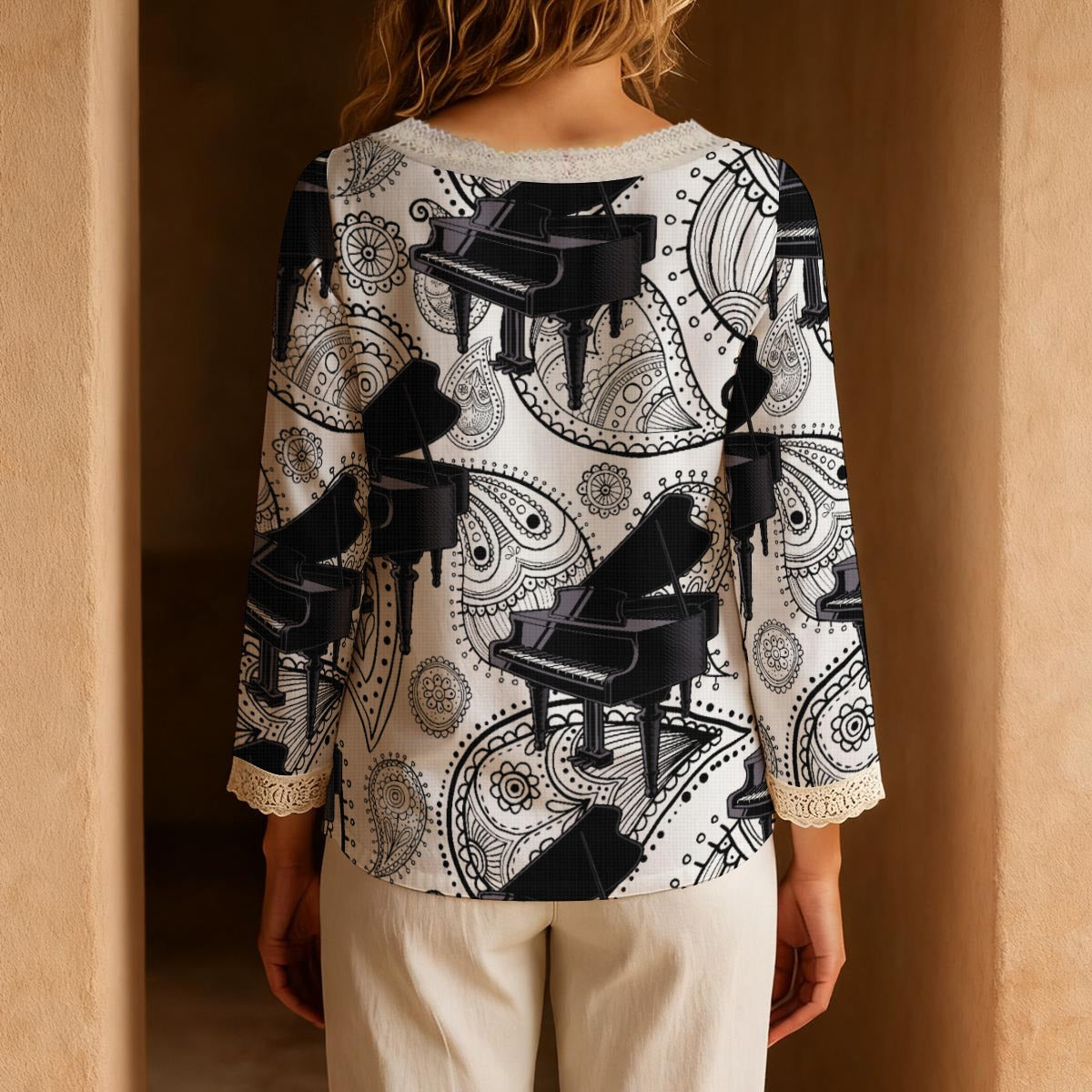 Black & White Grand Piano Boho Tie Neck Top