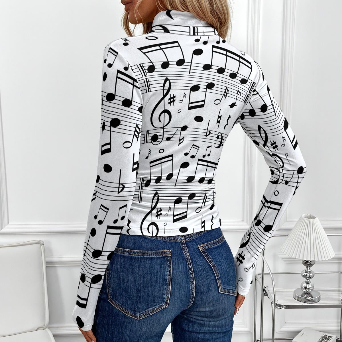 Music Print White Turtleneck Long Sleeve Top