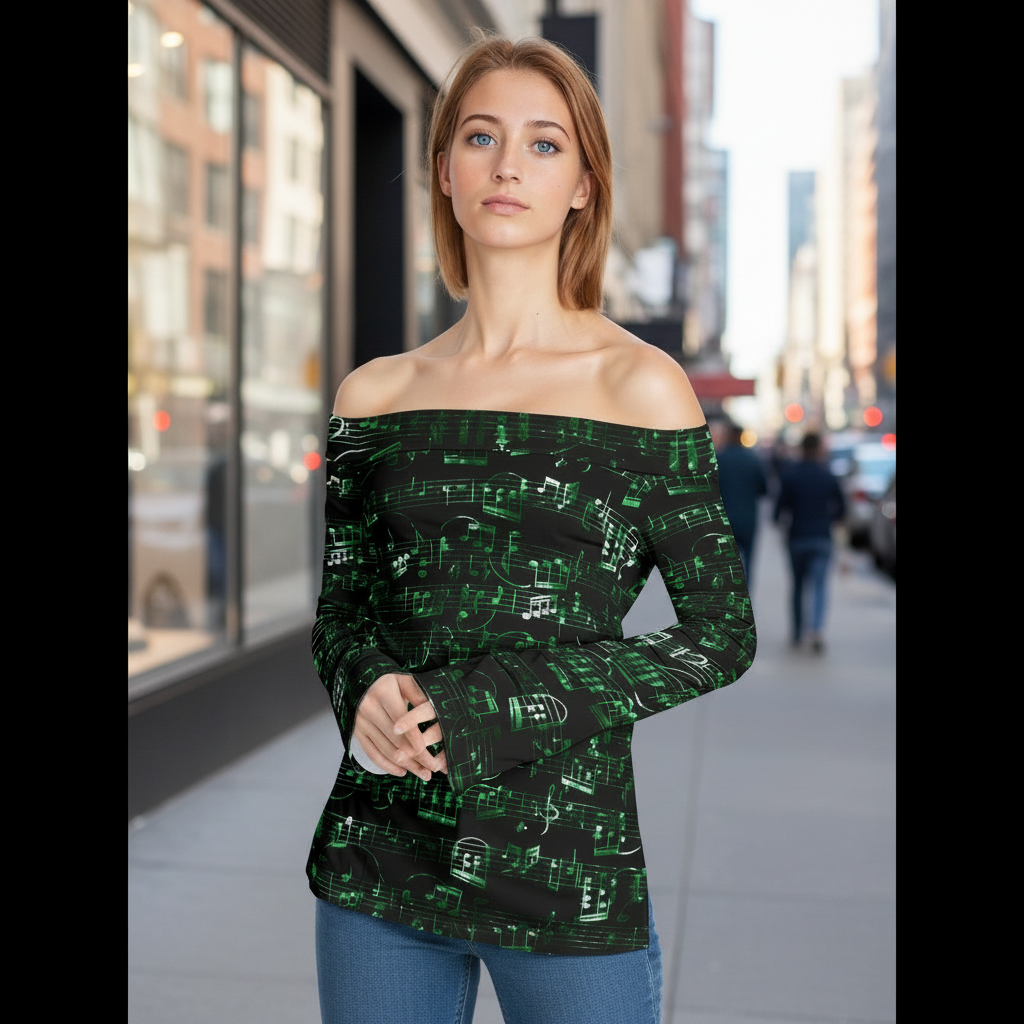 Music Notes Green Off-Shoulder Long Sleeve Top