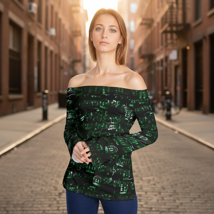 Music Notes Green Off-Shoulder Long Sleeve Top