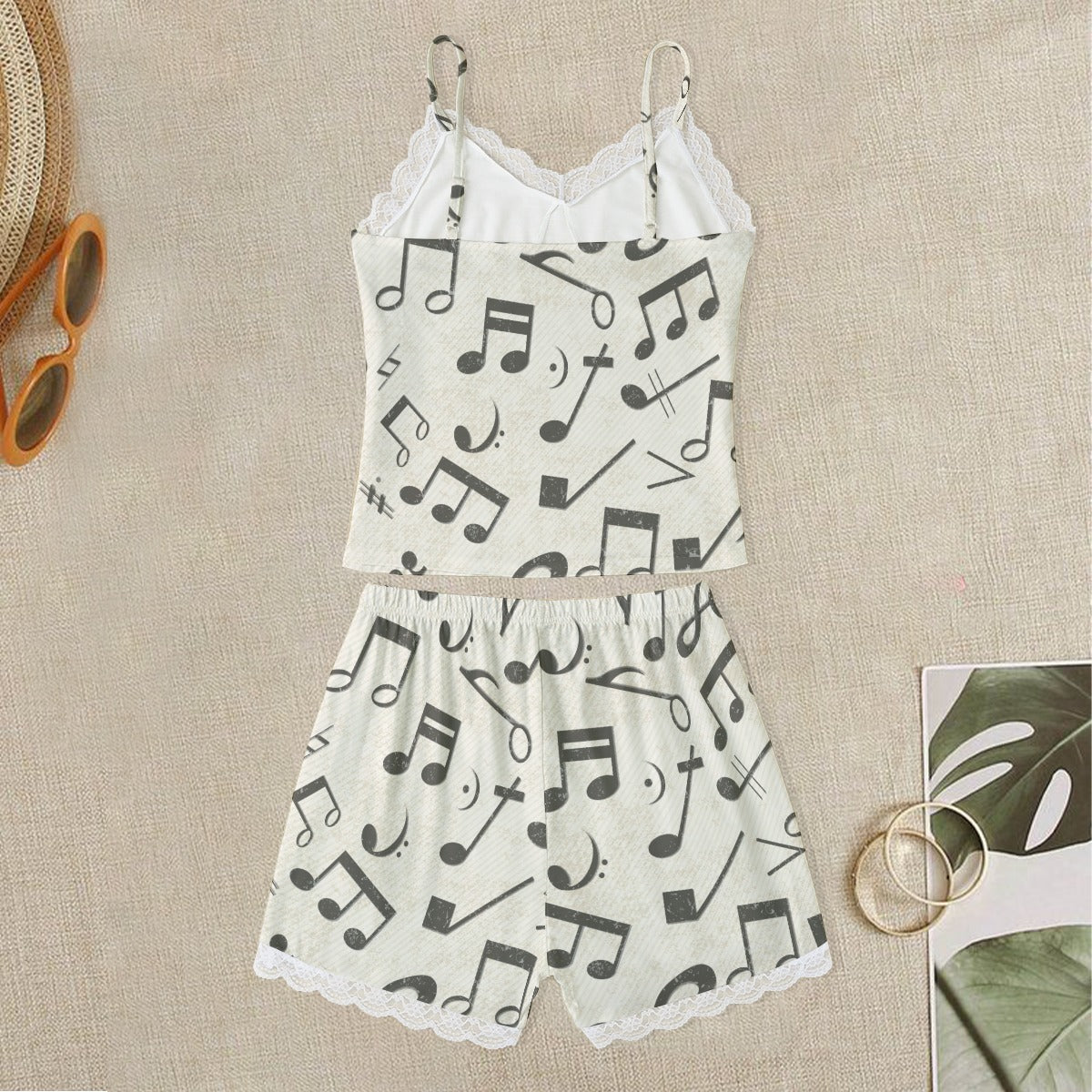 Beige Music Lace Cami Top & Shorts