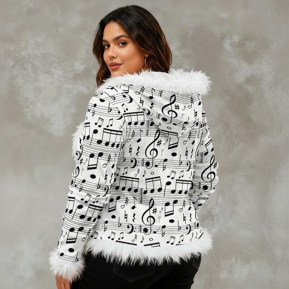 Music Print Women's Faux Fur Trim Hooded Jacket