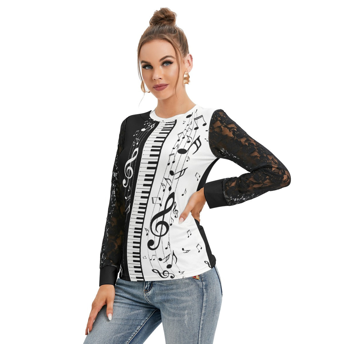 Piano Print Lace Sleeve Top