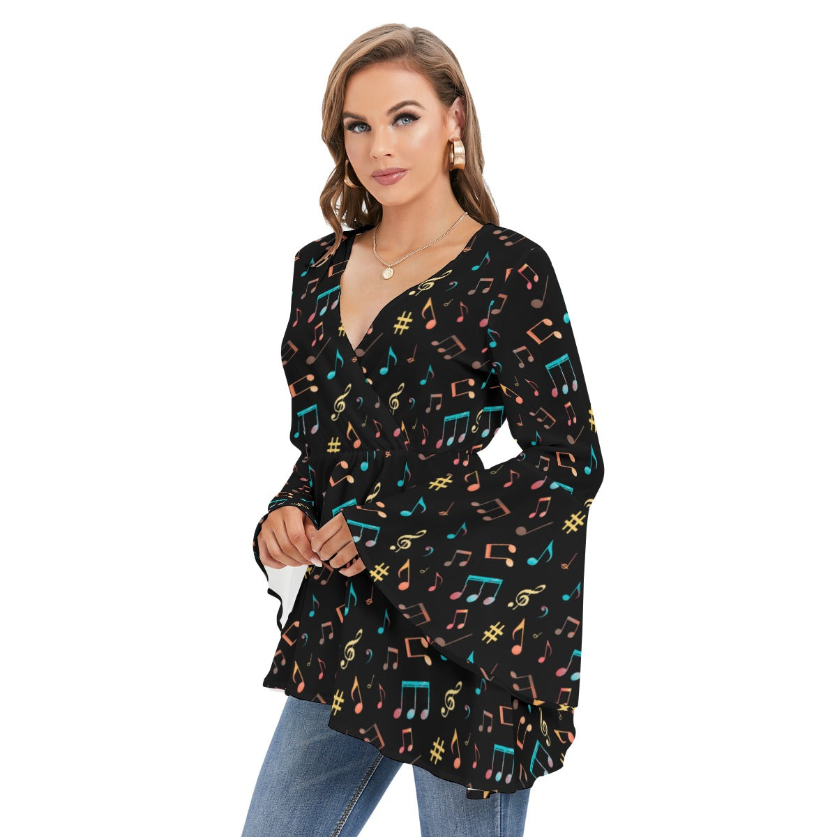 Classic Music Print V-neck Flared Sleeve Blouse