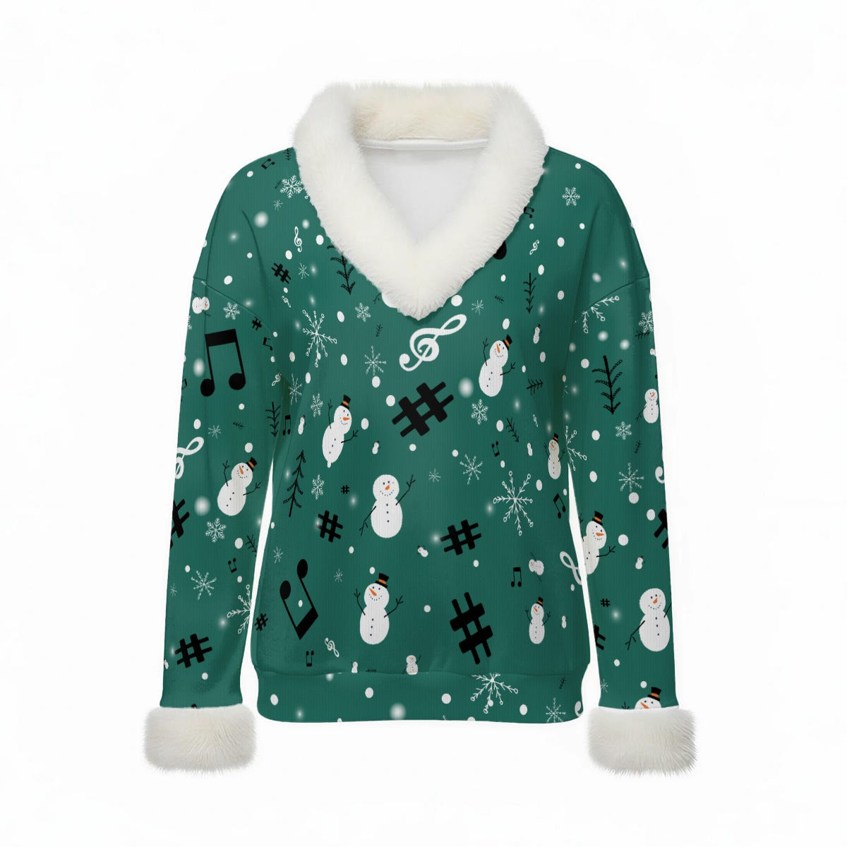 Music Snowman Green Faux Fur V-Neck Sweater
