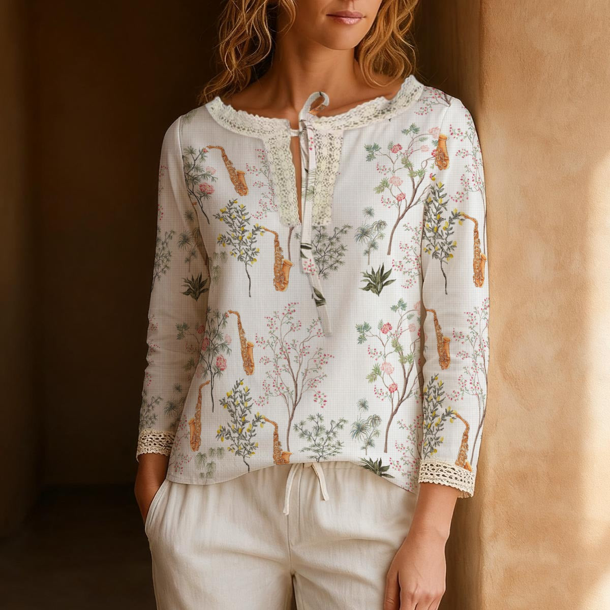 Saxophone Long-Sleeve Boho Tie Neck Top