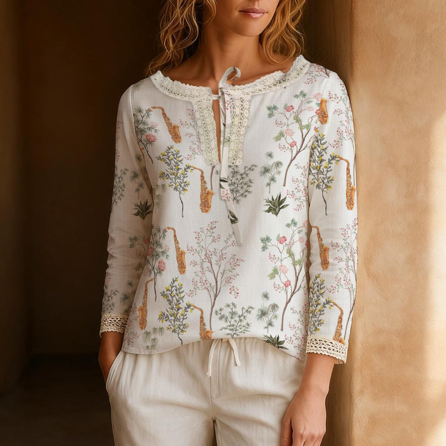 Saxophone Long-Sleeve Boho Tie Neck Top