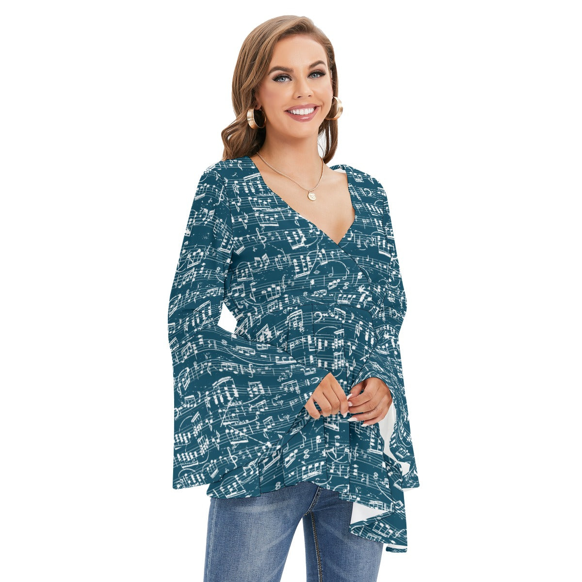 Blue Music Print V-neck Flared Sleeve Blouse