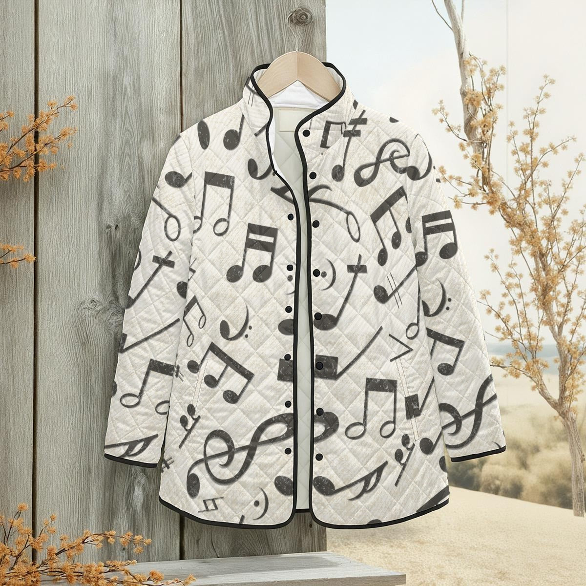 Music Notes Beige Unisex Quilted Jacket