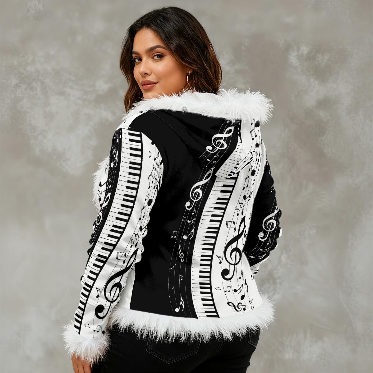 Music & Piano Women's Faux Fur Trim Hooded Jacket