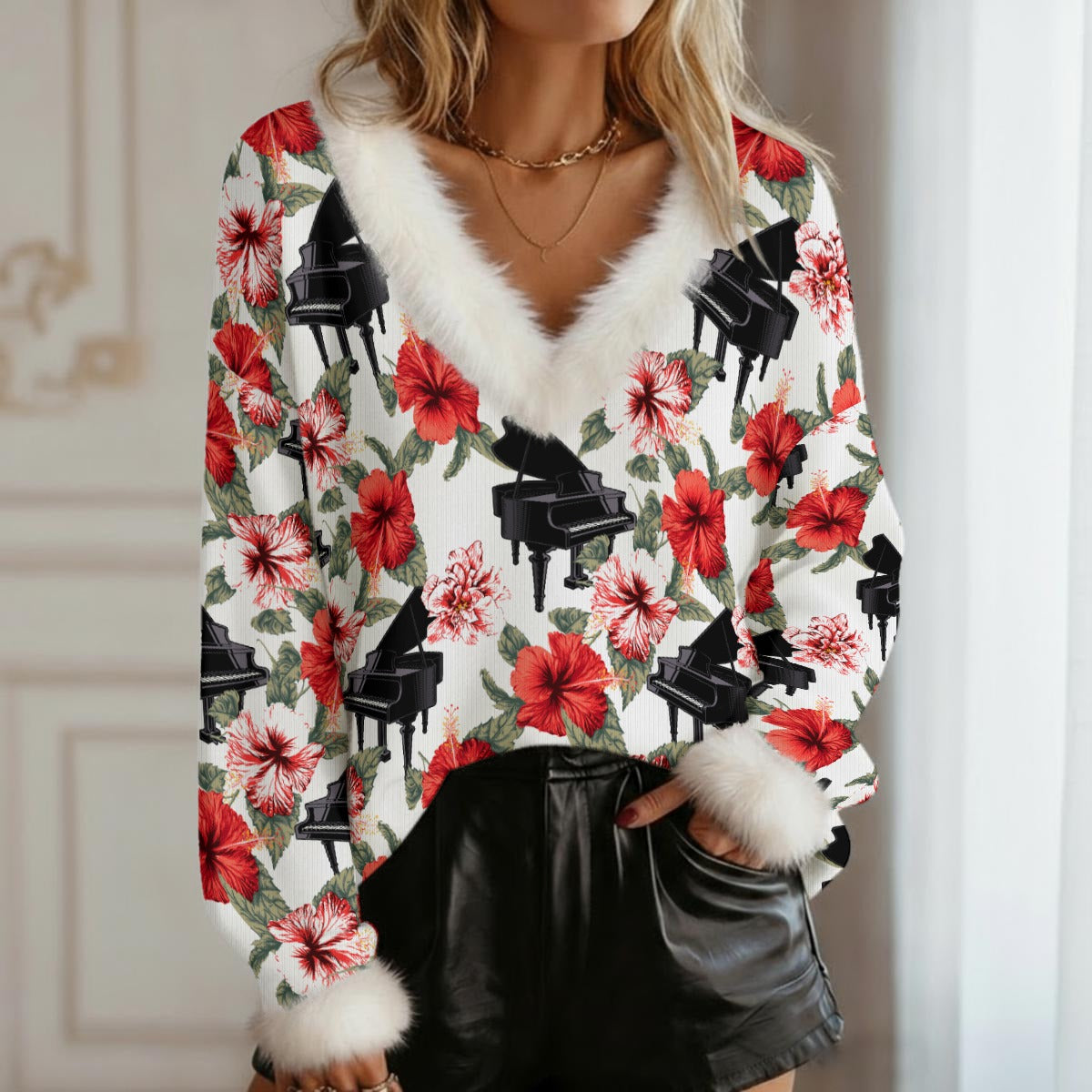 Grand Piano Faux Fur V-Neck Sweater