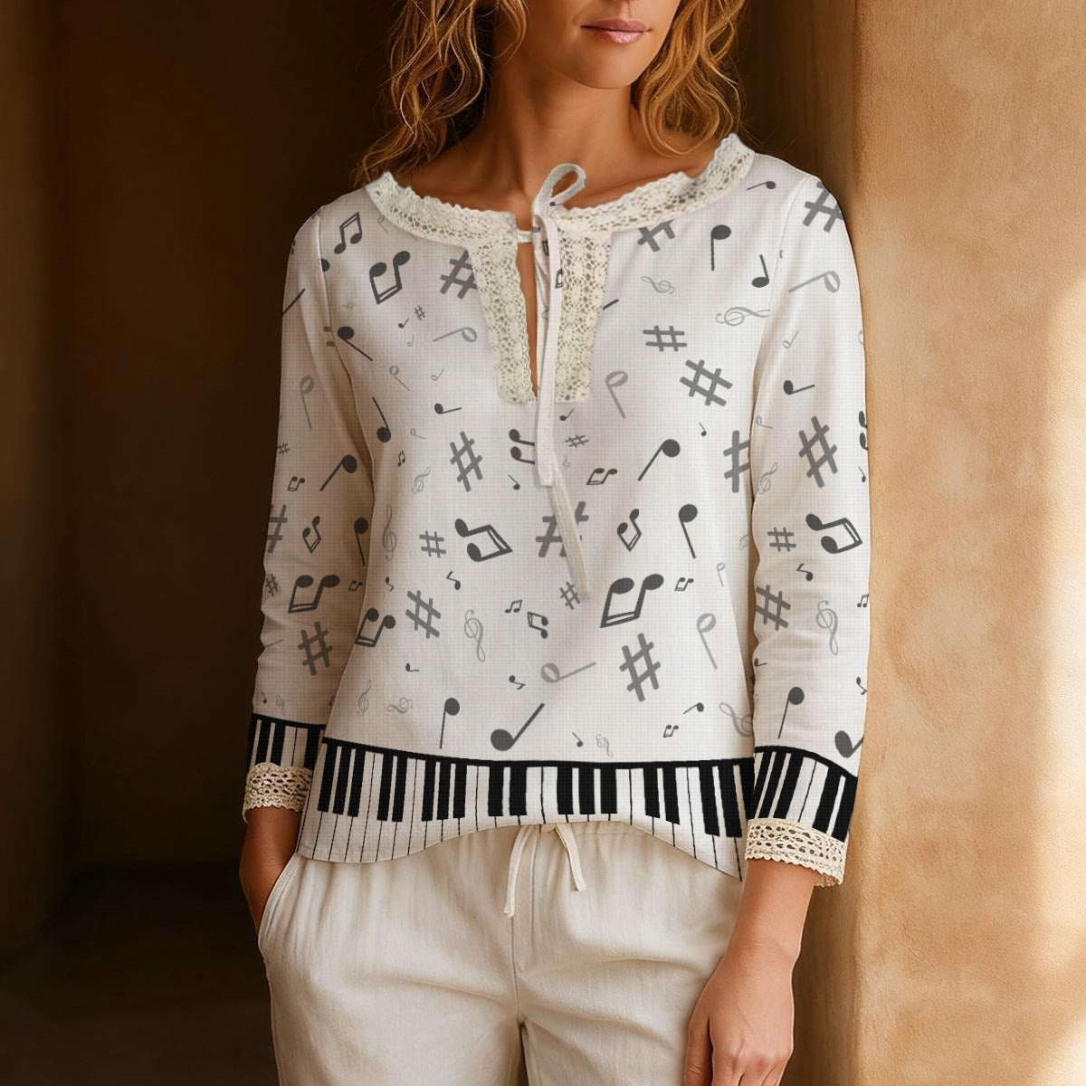 Piano & Music Long-Sleeve Boho Tie Neck Top