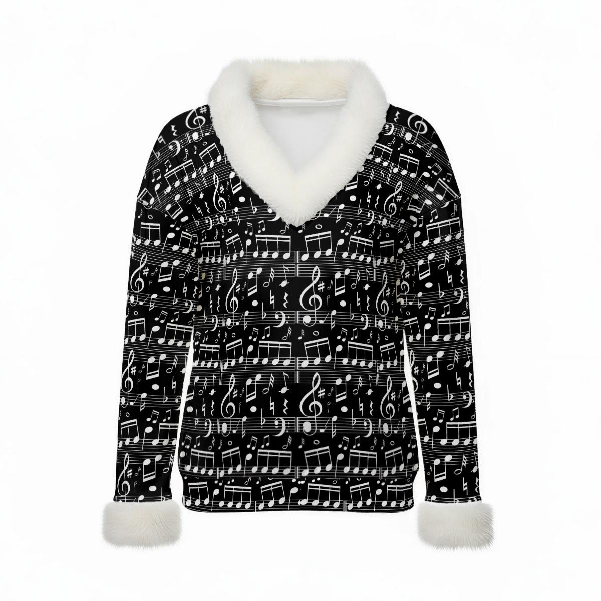 Music Black Faux Fur V-Neck Sweater