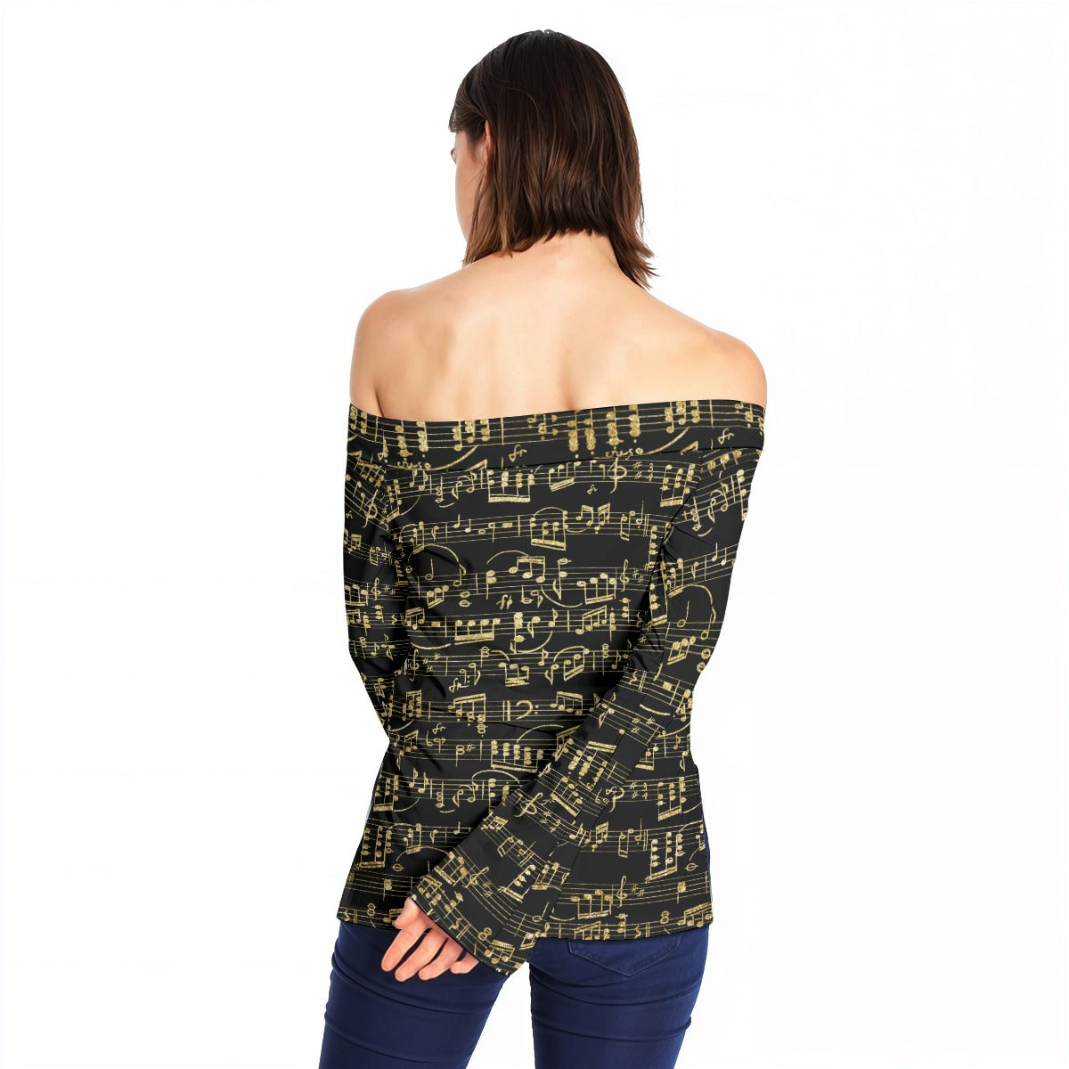 Music Print Women Off-Shoulder Long Sleeve Top