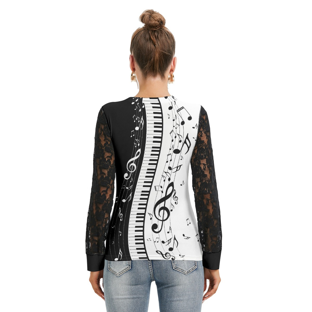 Piano Print Lace Sleeve Top