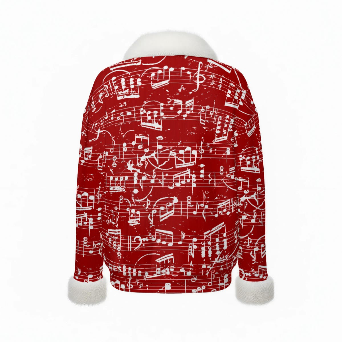 Music Scores Red Faux Fur V-Neck Sweater