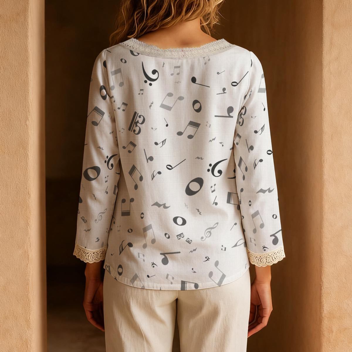 Gray Music Notes Long-Sleeve Boho Tie Neck Top