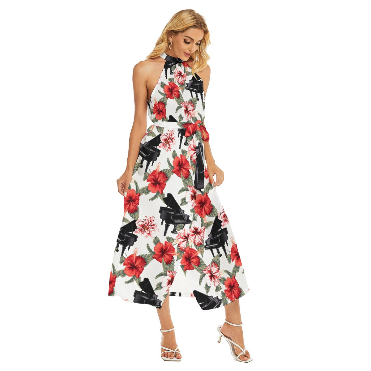 Flowers & Grand Piano Wrap Hem Halter Dress