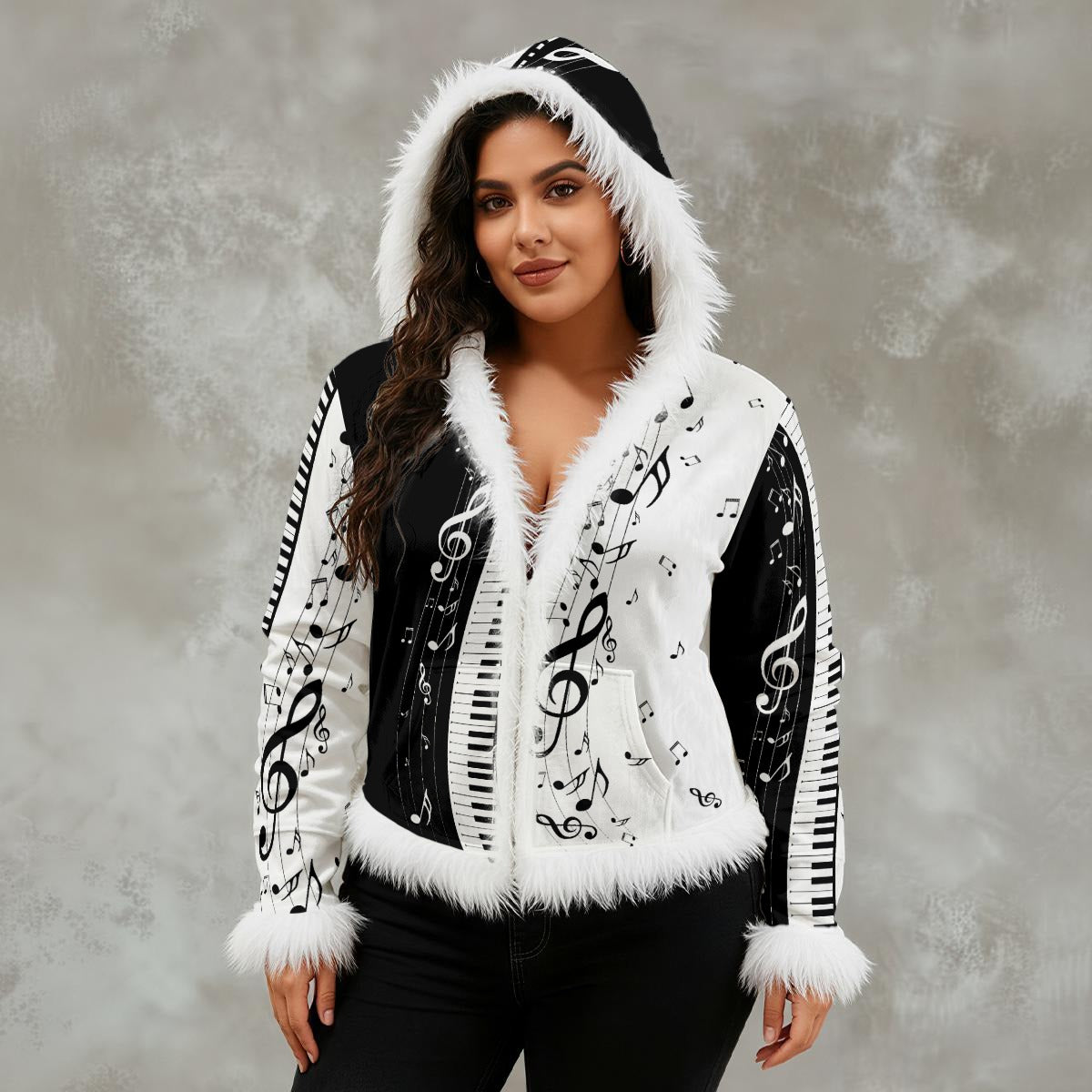 Music & Piano Women's Faux Fur Trim Hooded Jacket