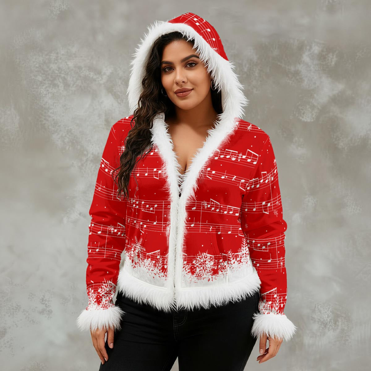 Music Christmas Women's Faux Fur Trim Hooded Jacket